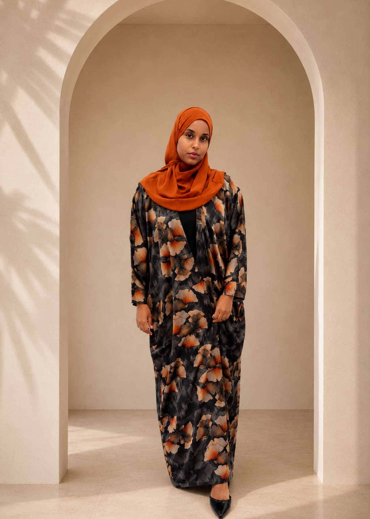 Burnt Orange & Charcoal Floral Kimono