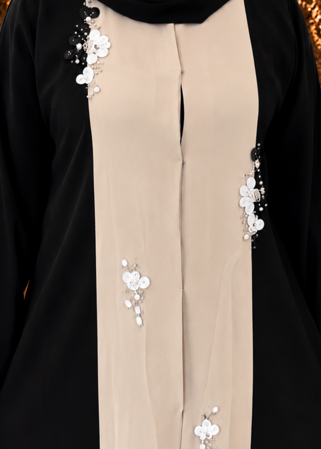 The Ivory Noir Abaya - floral embellishment detail