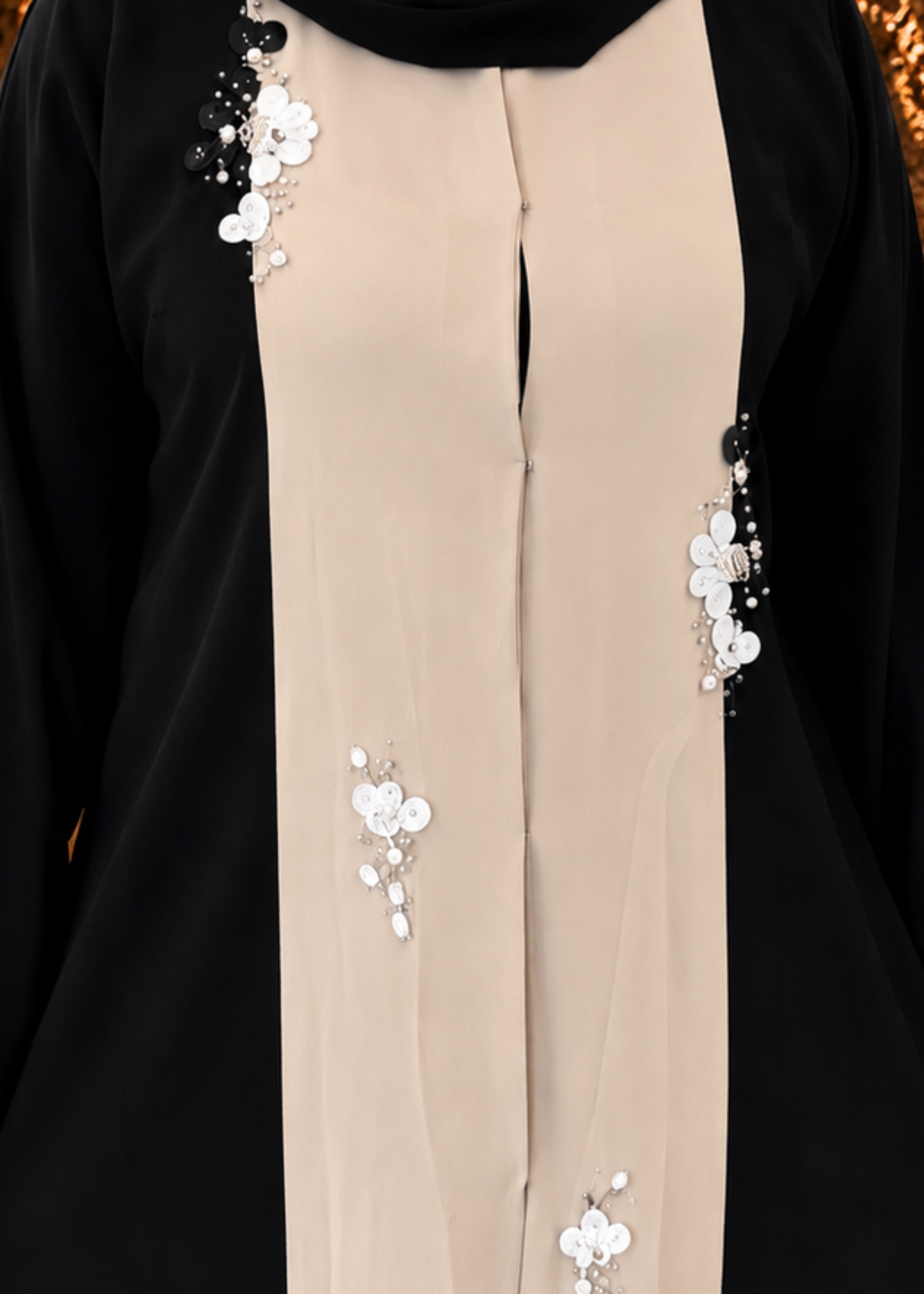 The Ivory Noir Abaya - floral embellishment detail